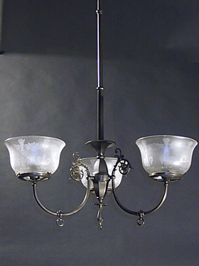 3-Light Gas Chandelier with Acid Cutback Etched Gas Shades